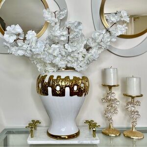 Elegant White and Gold Vase with Floral Design